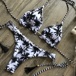 2019 Sexy Halter Swimsuit Women Thong Micro Bikini String Padded Swimwear Brazilian Bikini Bandage Tropical Plant Print Swimsuit