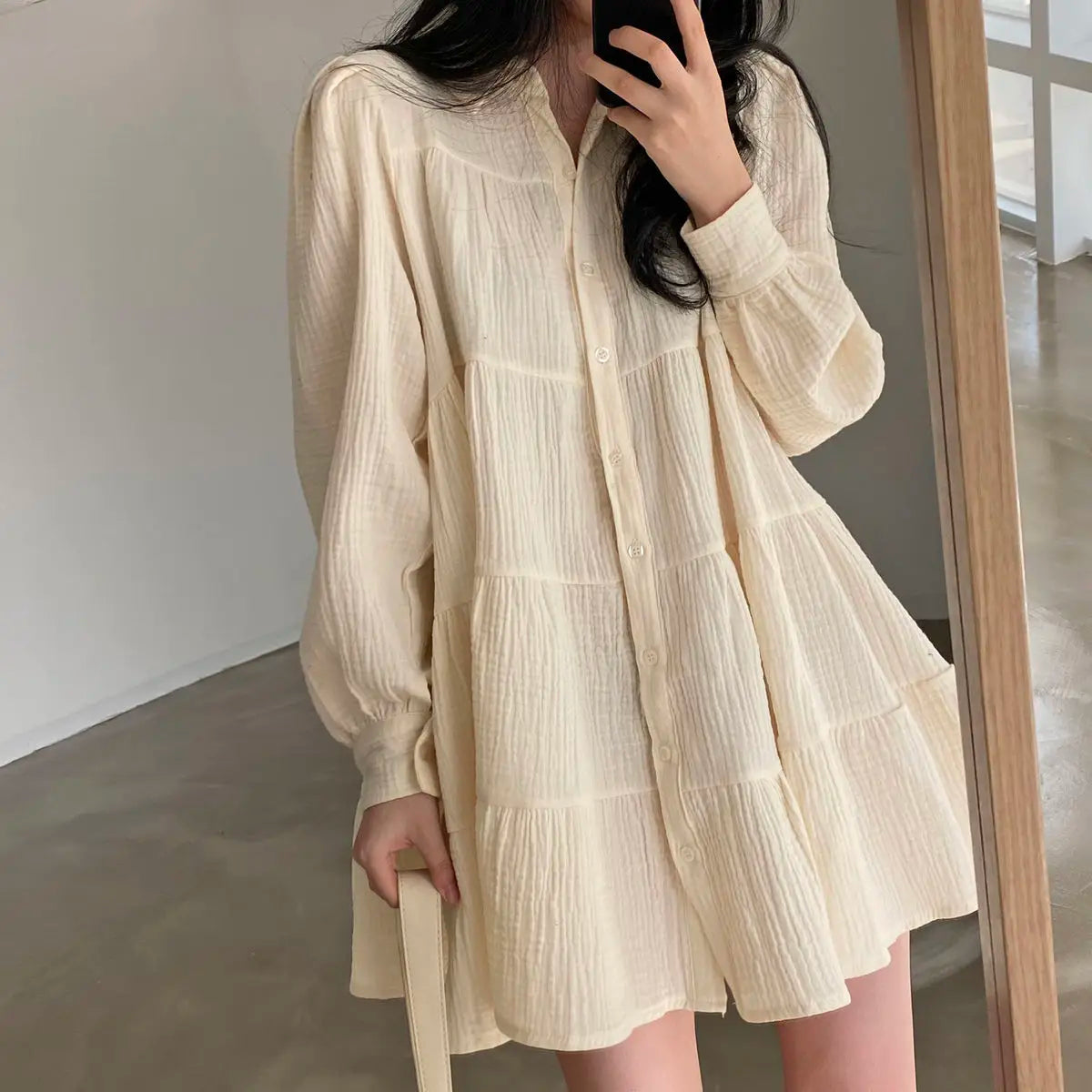 Long Sleeve Dress Women Ins Spring Lovely Solid A-line Ruffles Korean Apricot Fashion Retro Turn-down Collar  Clothes