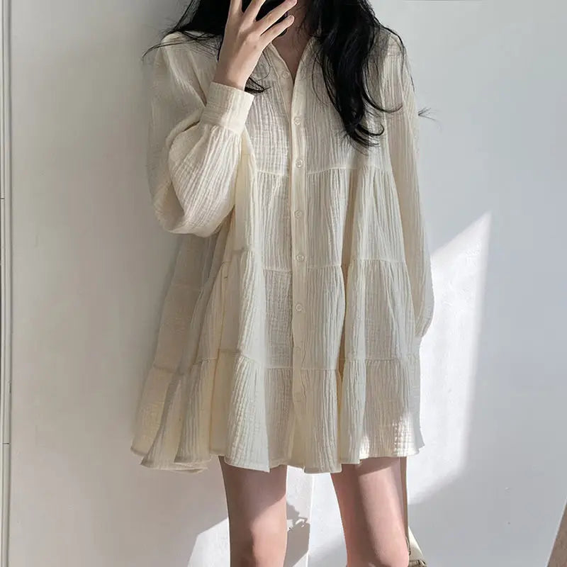 Long Sleeve Dress Women Ins Spring Lovely Solid A-line Ruffles Korean Apricot Fashion Retro Turn-down Collar  Clothes