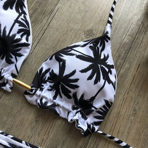 2019 Sexy Halter Swimsuit Women Thong Micro Bikini String Padded Swimwear Brazilian Bikini Bandage Tropical Plant Print Swimsuit