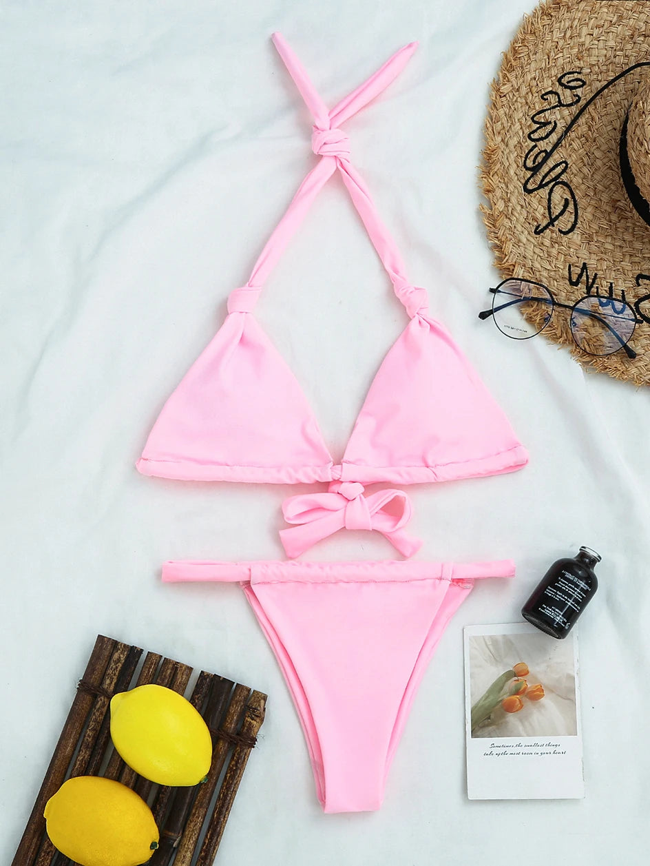 Sexy Halter Knot Micro Bikini 2024 Woman Swimsuit Female Thong Swimwear Two pieces Bikini Set Brazilian Bather Bathing suit Swim