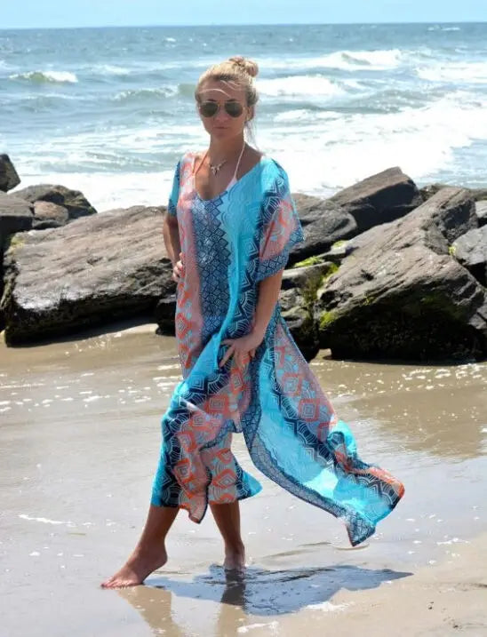 Boho Summer Printing Beach Dress Women Bathing Suit Cover Ups Sarong Bikini Long Robe Pareo Tunic Capes Kaftan Coverup