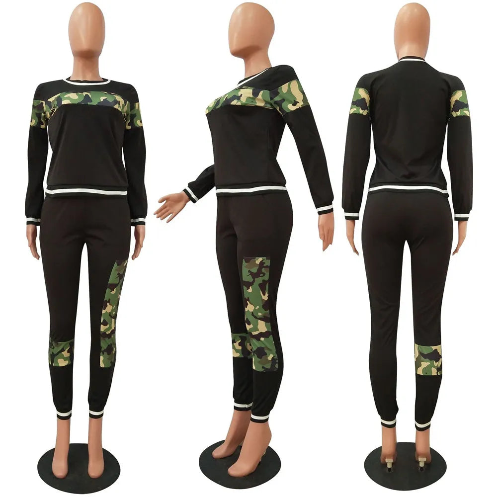 2024 Leopard Camouflage Two Pieces Set Women's Sports Suit Long Sleeve Sweatshirt and Sweatpants Casual Tracksuit Jogging Femme