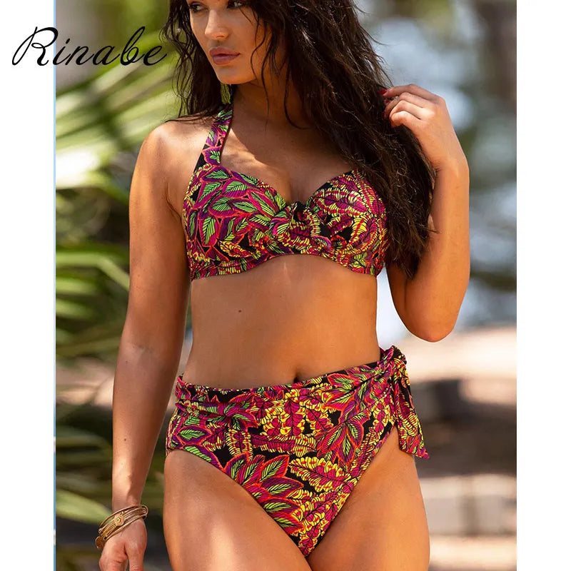 Rinabe Push Up Bikinis Swimsuit Female Beachwear Floral Print Swimwear Women Bathing Suit High Waist Bikini Sets Sexy Biquinis