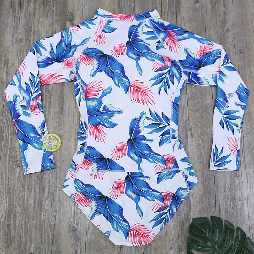 Print Floral One Piece Swimsuit Women Swimwear Monokini Long Sleeve Printed Female Bathing Suit Surfing Bodysuit Swim Wear Beach