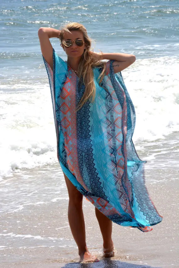 Boho Summer Printing Beach Dress Women Bathing Suit Cover Ups Sarong Bikini Long Robe Pareo Tunic Capes Kaftan Coverup