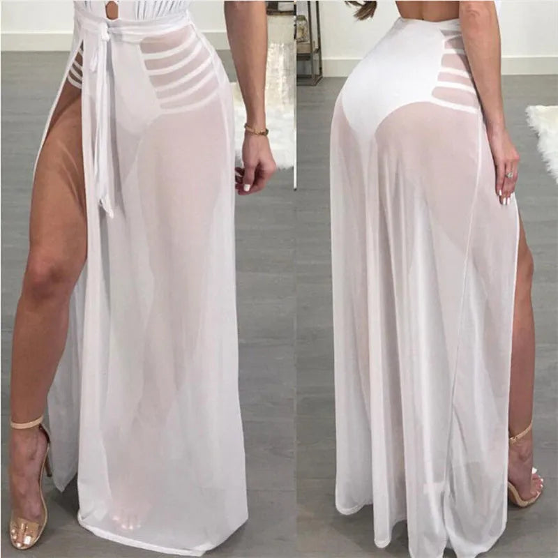 2024 Summer Swimwear Beach Cover-Up Sheer Beach Skirts For Women Solid Lace See-Through Hollow Out Ankle Length Mesh Skirt Women