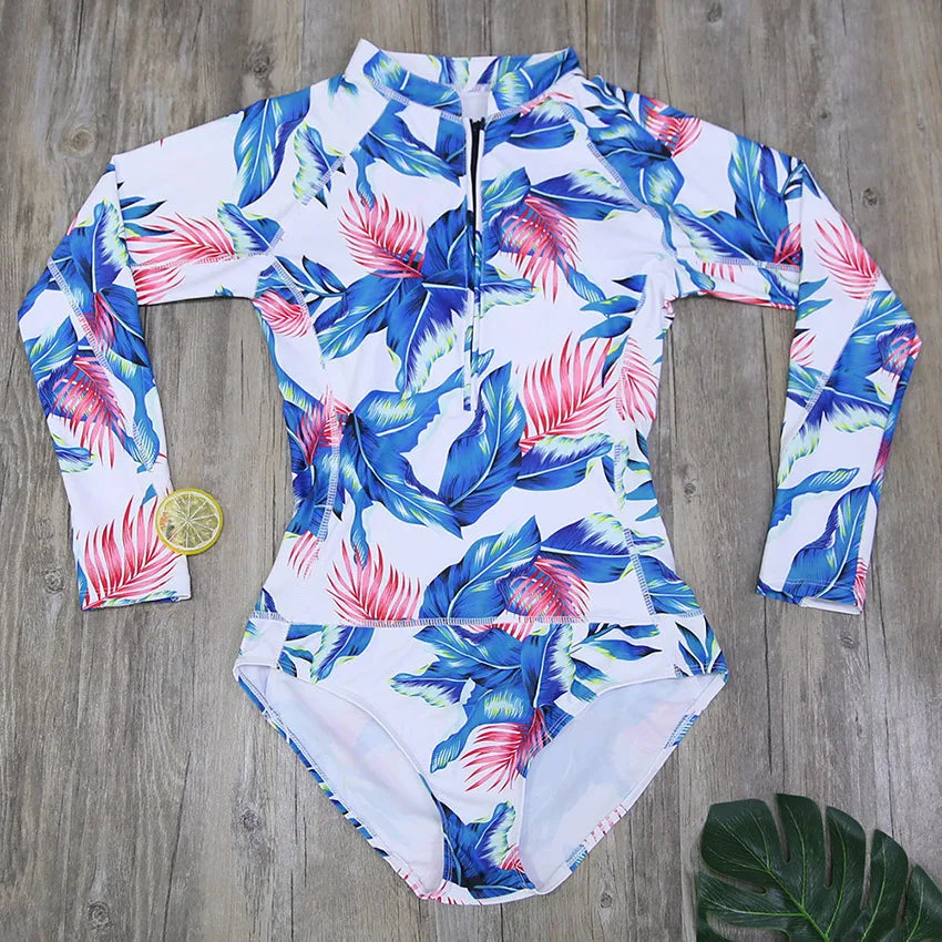 Print Floral One Piece Swimsuit Women Swimwear Monokini Long Sleeve Printed Female Bathing Suit Surfing Bodysuit Swim Wear Beach