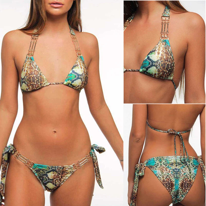 Sexy Halter Snake Skin Bikini 2024 Women Swimsuit Female Metal Chains Swimwear Two Pieces Bikini Set High Cut Bathing Suit Swim