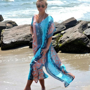 Boho Summer Printing Beach Dress Women Bathing Suit Cover Ups Sarong Bikini Long Robe Pareo Tunic Capes Kaftan Coverup