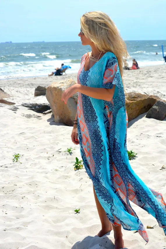 Boho Summer Printing Beach Dress Women Bathing Suit Cover Ups Sarong Bikini Long Robe Pareo Tunic Capes Kaftan Coverup