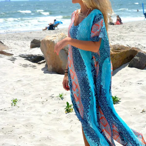 Boho Summer Printing Beach Dress Women Bathing Suit Cover Ups Sarong Bikini Long Robe Pareo Tunic Capes Kaftan Coverup