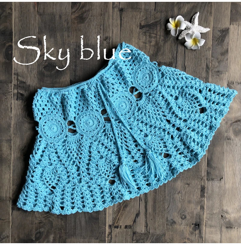 New Sexy Crochet Tassel Beach Skirt Cotton Swimsuit Fused Skirt Casual Beach Running Lace See Through Slim Mini Skirts