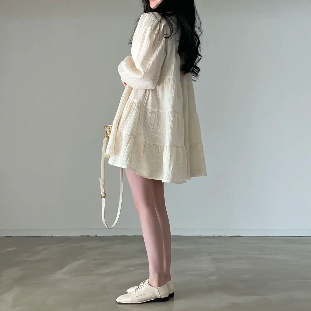 Long Sleeve Dress Women Ins Spring Lovely Solid A-line Ruffles Korean Apricot Fashion Retro Turn-down Collar  Clothes