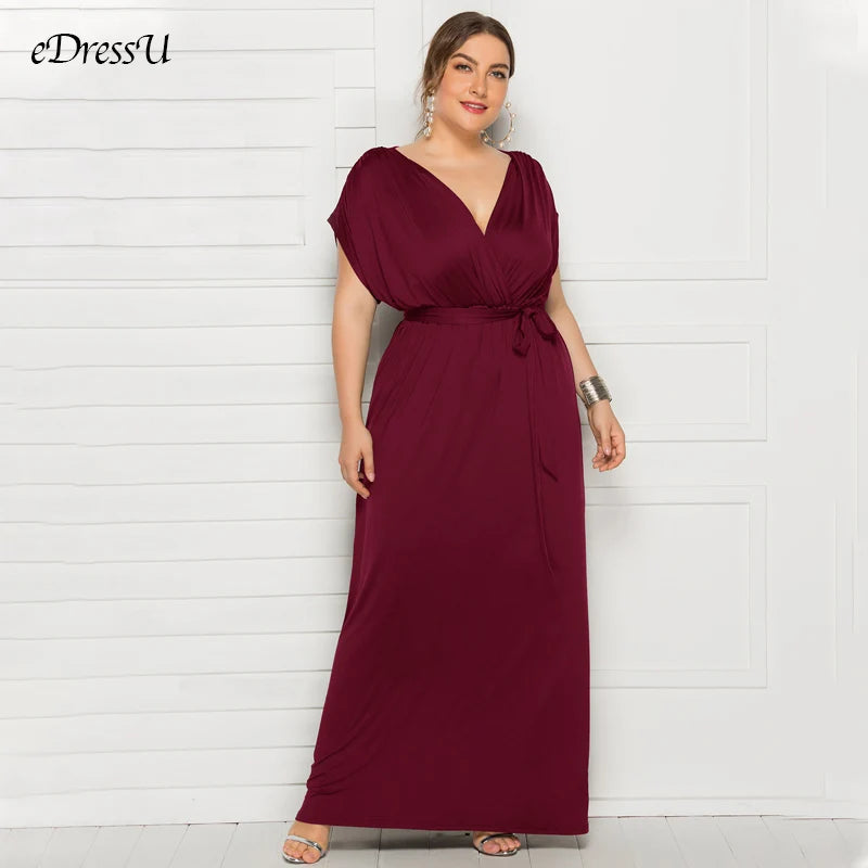 eDressU 2022 Plus Size Evening Party Dress V Neck Stretchy 7 Colors Vestido Robe de Soiree Wedding Guest Dress LMT-FP3310