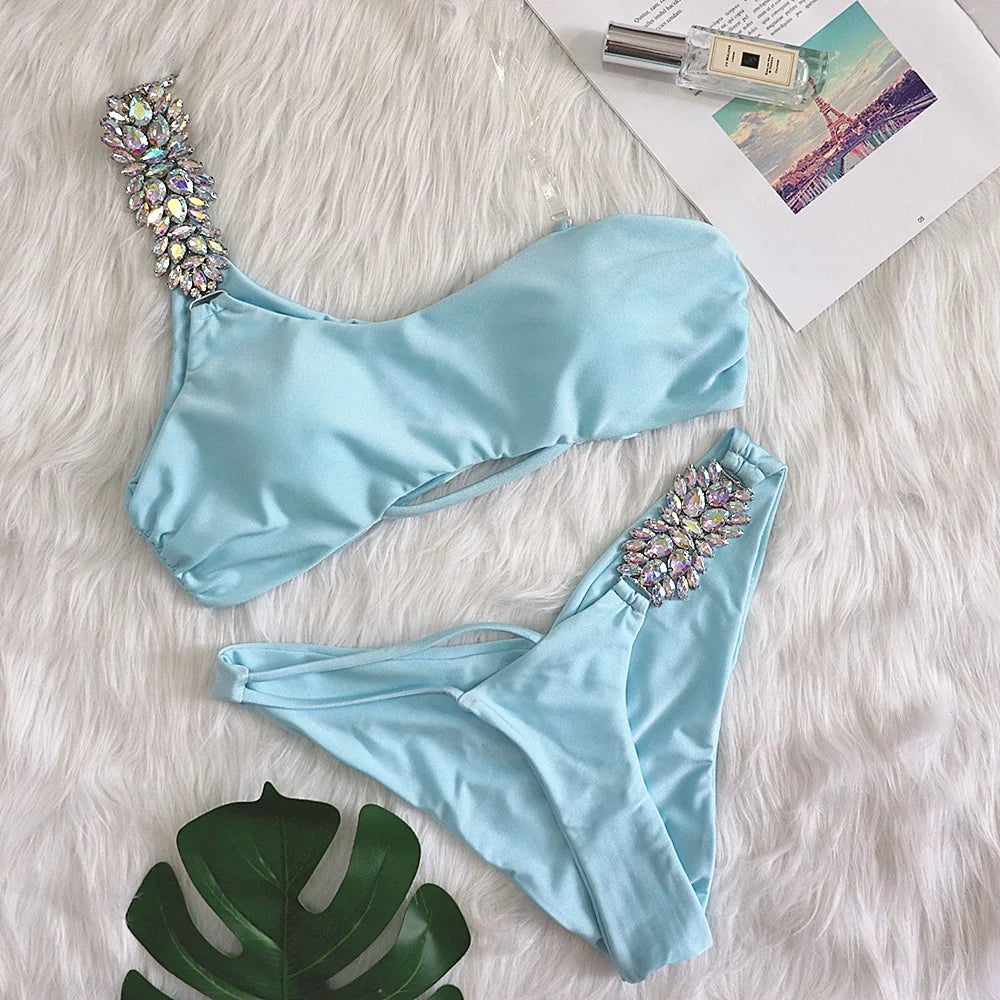 Shiny Rhinestone Bikini 2024 Sexy Solid One Shoulder Cut Out Push Up Swimsuit Lady Crystal Bathing Suit Brazilian Thong Swimwear