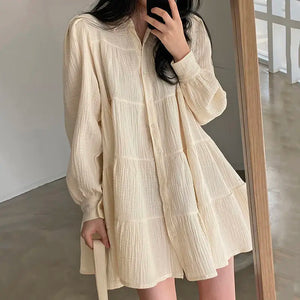 Long Sleeve Dress Women Ins Spring Lovely Solid A-line Ruffles Korean Apricot Fashion Retro Turn-down Collar  Clothes