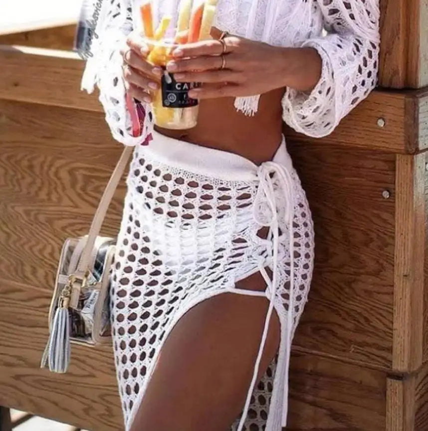 New Sexy Summer Women's Beach Cover Up Womens Fish Net Hollow Out Bikini Cover-Ups Beach Ladies Solid White Holiday Split Skirts