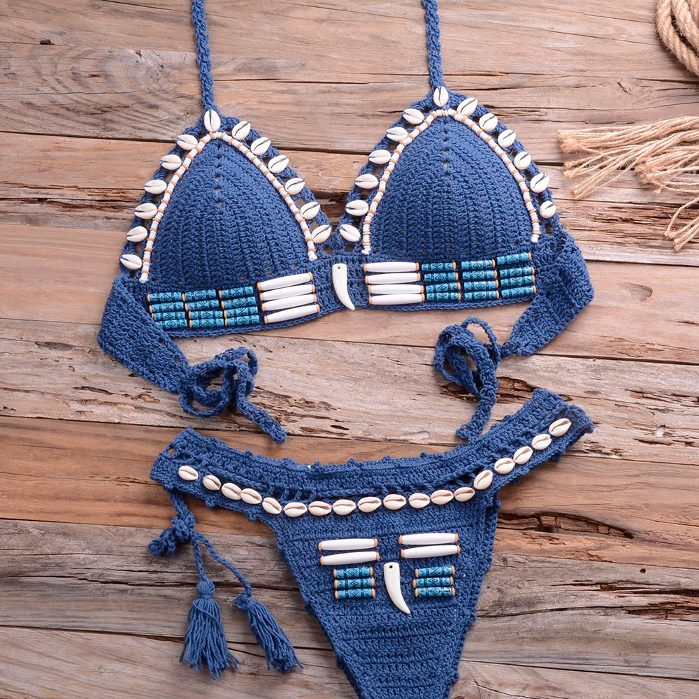 Sexy Blue Shell Beaded Bikinis Set Handmade Crochet High Quality Swimsuit Women Push Up Swimwear Knitted Beach Wear Bathing Suit