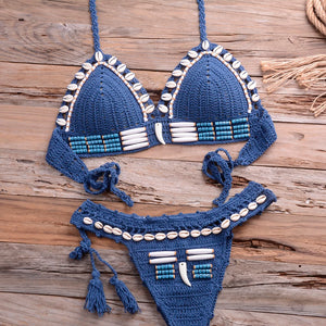 Sexy Blue Shell Beaded Bikinis Set Handmade Crochet High Quality Swimsuit Women Push Up Swimwear Knitted Beach Wear Bathing Suit