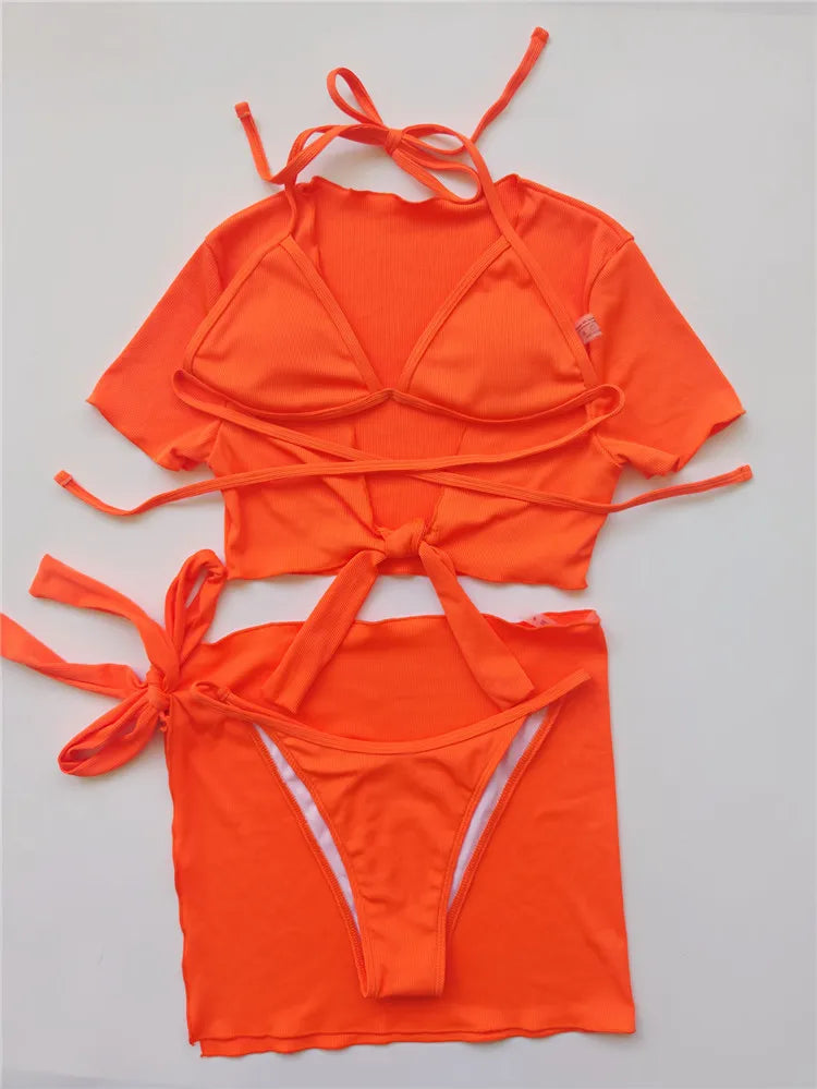 VigoCasey Orange 4PCS/Set Swimwear Women Sexy High Waist Neck Bikini Set 2024 Swimsuit Short Tied Sleeve Bathing Suit Swim Wear