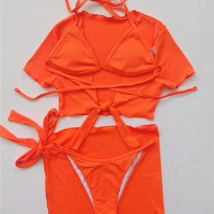 VigoCasey Orange 4PCS/Set Swimwear Women Sexy High Waist Neck Bikini Set 2024 Swimsuit Short Tied Sleeve Bathing Suit Swim Wear