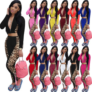 Leopard Patchwork Two Piece Set Women Cropped Jacket Top and Pants Sets Sweatsuits for Women Sportwear Jogger Casual Tracksuit