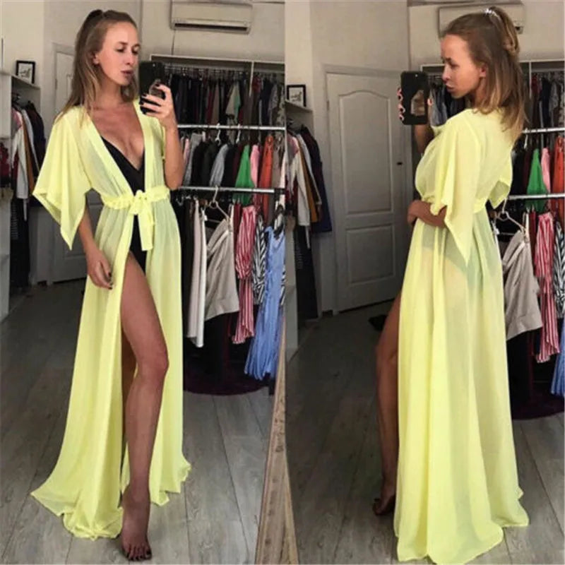 Summer Lady Beach Cover Up Sexy Bikini 2024 Chiffon Long Dress For Women Solid Beach Dress Women Bathing Suit Beach Tunic Kaftan