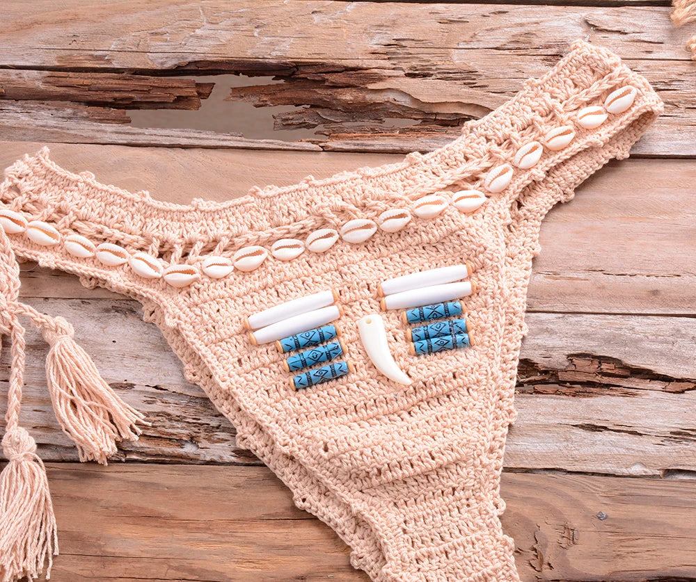 Sexy Blue Shell Beaded Bikinis Set Handmade Crochet High Quality Swimsuit Women Push Up Swimwear Knitted Beach Wear Bathing Suit