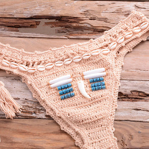 Sexy Blue Shell Beaded Bikinis Set Handmade Crochet High Quality Swimsuit Women Push Up Swimwear Knitted Beach Wear Bathing Suit