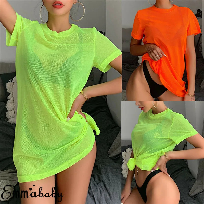 Sexy Women Sheer Mesh Bikini Cover Up Swimwear Swimsuit Bathing Suit See Through Short Sleeve T-shirt Tops Summer Beach Dress