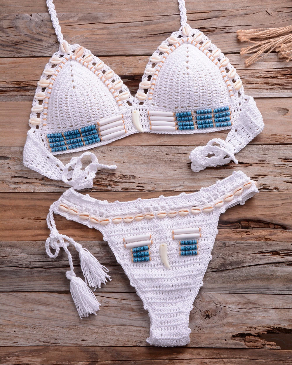 Sexy Blue Shell Beaded Bikinis Set Handmade Crochet High Quality Swimsuit Women Push Up Swimwear Knitted Beach Wear Bathing Suit