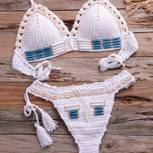 Sexy Blue Shell Beaded Bikinis Set Handmade Crochet High Quality Swimsuit Women Push Up Swimwear Knitted Beach Wear Bathing Suit