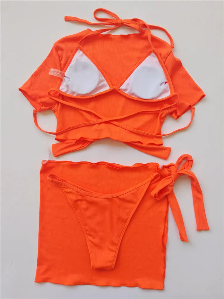 VigoCasey Orange 4PCS/Set Swimwear Women Sexy High Waist Neck Bikini Set 2024 Swimsuit Short Tied Sleeve Bathing Suit Swim Wear