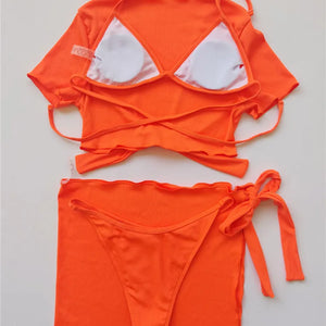 VigoCasey Orange 4PCS/Set Swimwear Women Sexy High Waist Neck Bikini Set 2024 Swimsuit Short Tied Sleeve Bathing Suit Swim Wear