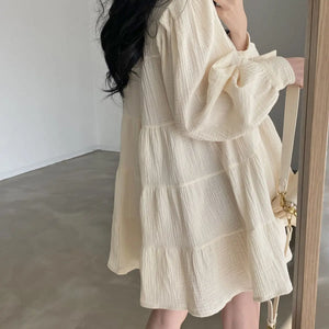 Long Sleeve Dress Women Ins Spring Lovely Solid A-line Ruffles Korean Apricot Fashion Retro Turn-down Collar  Clothes