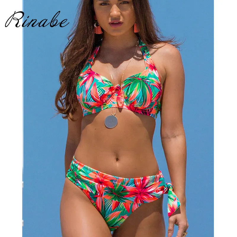 Rinabe Push Up Bikinis Swimsuit Female Beachwear Floral Print Swimwear Women Bathing Suit High Waist Bikini Sets Sexy Biquinis