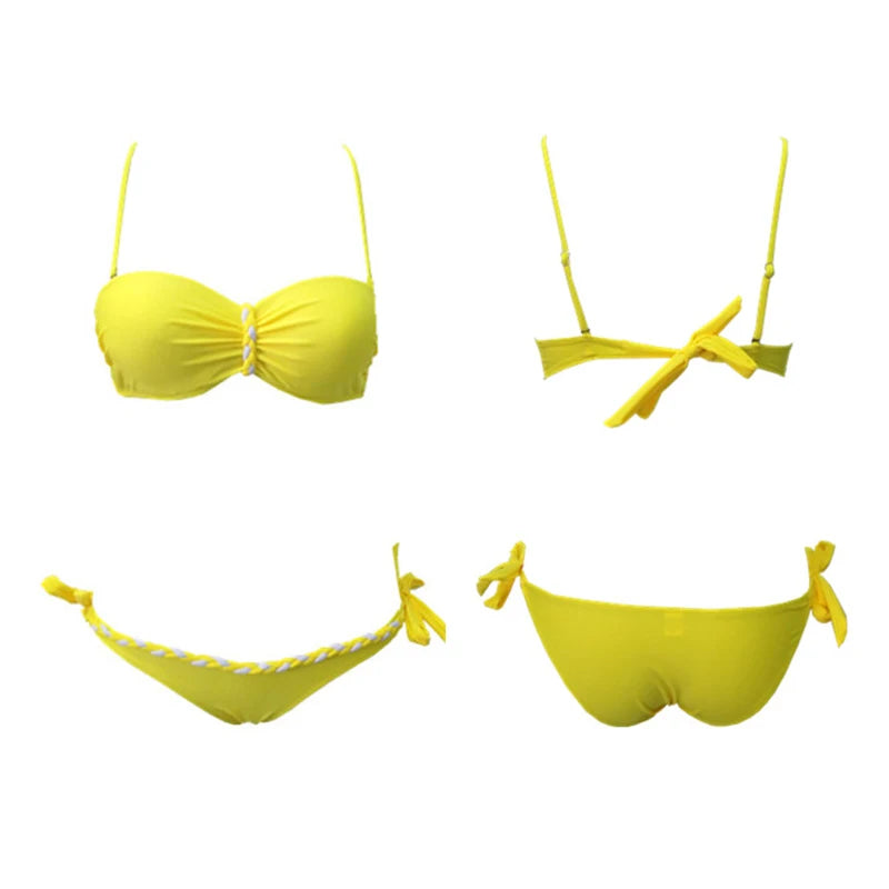 Yellow Backless Bandeau Swimwear Bikini Brazilian 2024 Push Up Bikinis Set Women Sexy Solid Swimsuit Bathing Suits 3XL