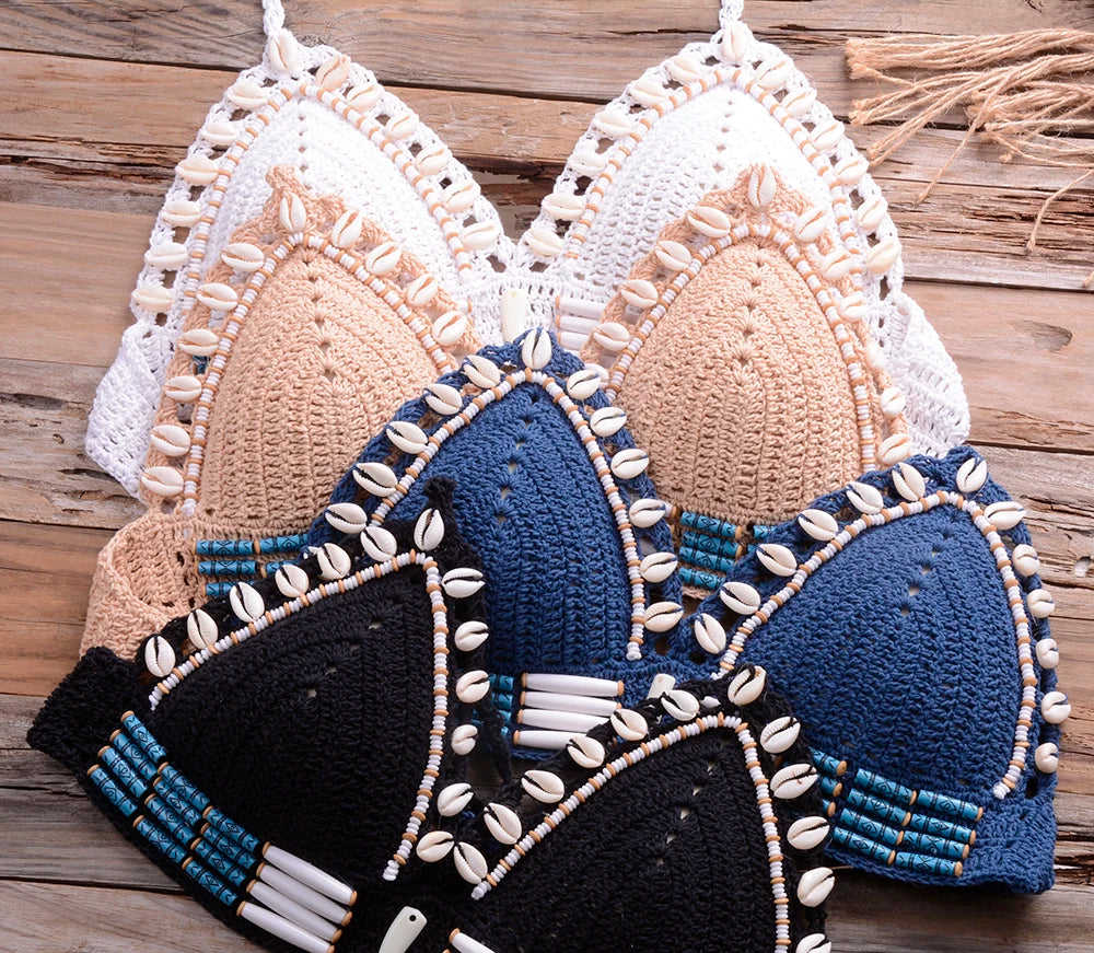 Sexy Blue Shell Beaded Bikinis Set Handmade Crochet High Quality Swimsuit Women Push Up Swimwear Knitted Beach Wear Bathing Suit