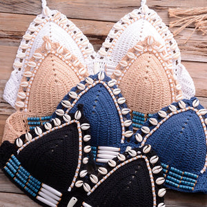 Sexy Blue Shell Beaded Bikinis Set Handmade Crochet High Quality Swimsuit Women Push Up Swimwear Knitted Beach Wear Bathing Suit