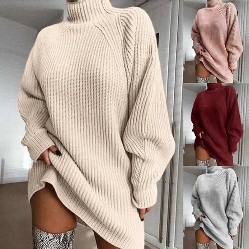 Women Turtleneck Sweater Dress Autumn Solid Long Sleeve Casual Elegant Mini Oversized Knitted Dress Winter Clothes