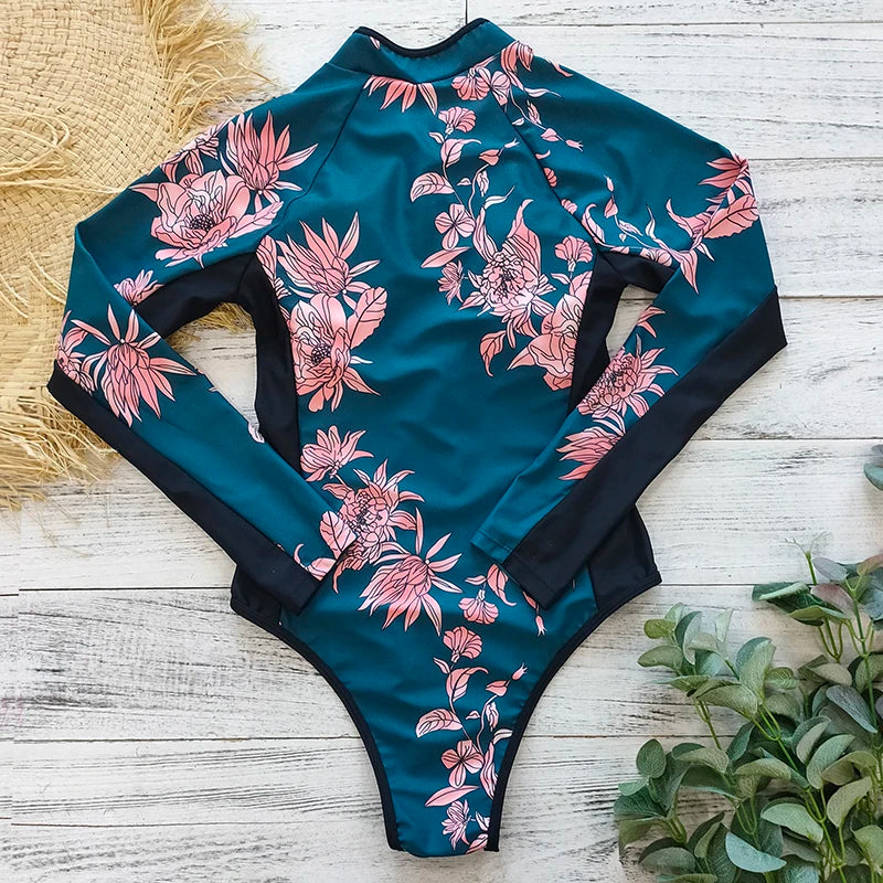 Print Floral One Piece Swimsuit Women Swimwear Monokini Long Sleeve Printed Female Bathing Suit Surfing Bodysuit Swim Wear Beach