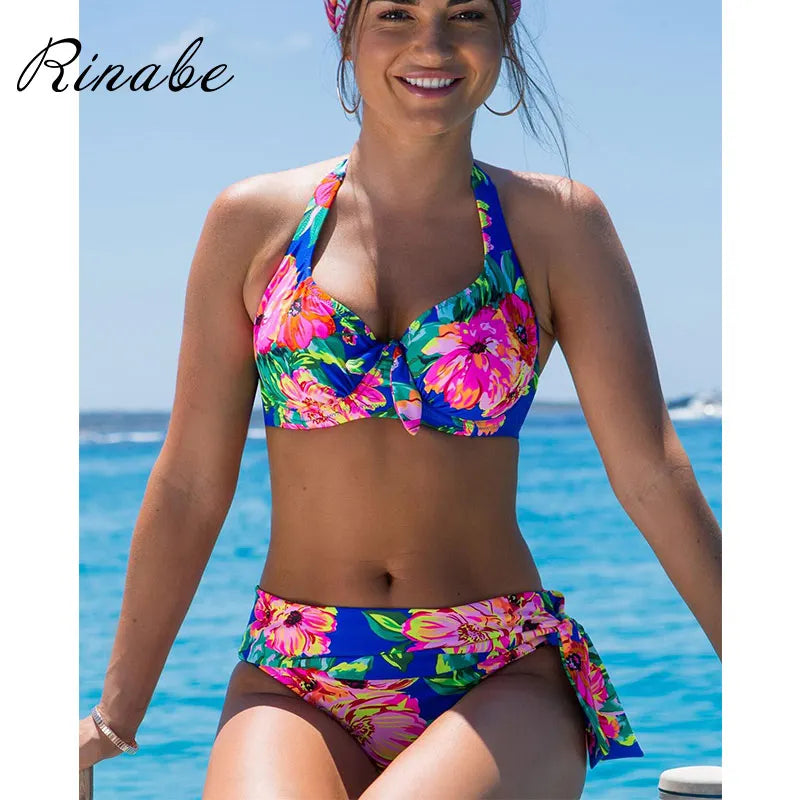 Rinabe Push Up Bikinis Swimsuit Female Beachwear Floral Print Swimwear Women Bathing Suit High Waist Bikini Sets Sexy Biquinis