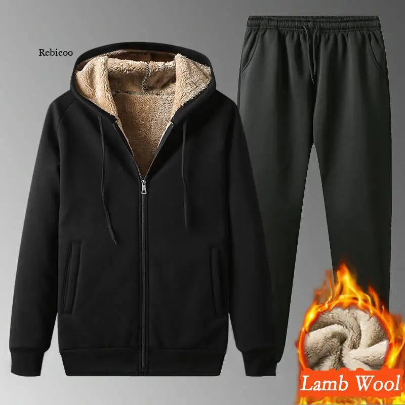 Winter Thick Warm Lamb Wool Tracksuit Men Hooded Running Sets Hoodies Jacket+Pants Casual Sweat Sportswear Jogging Suits