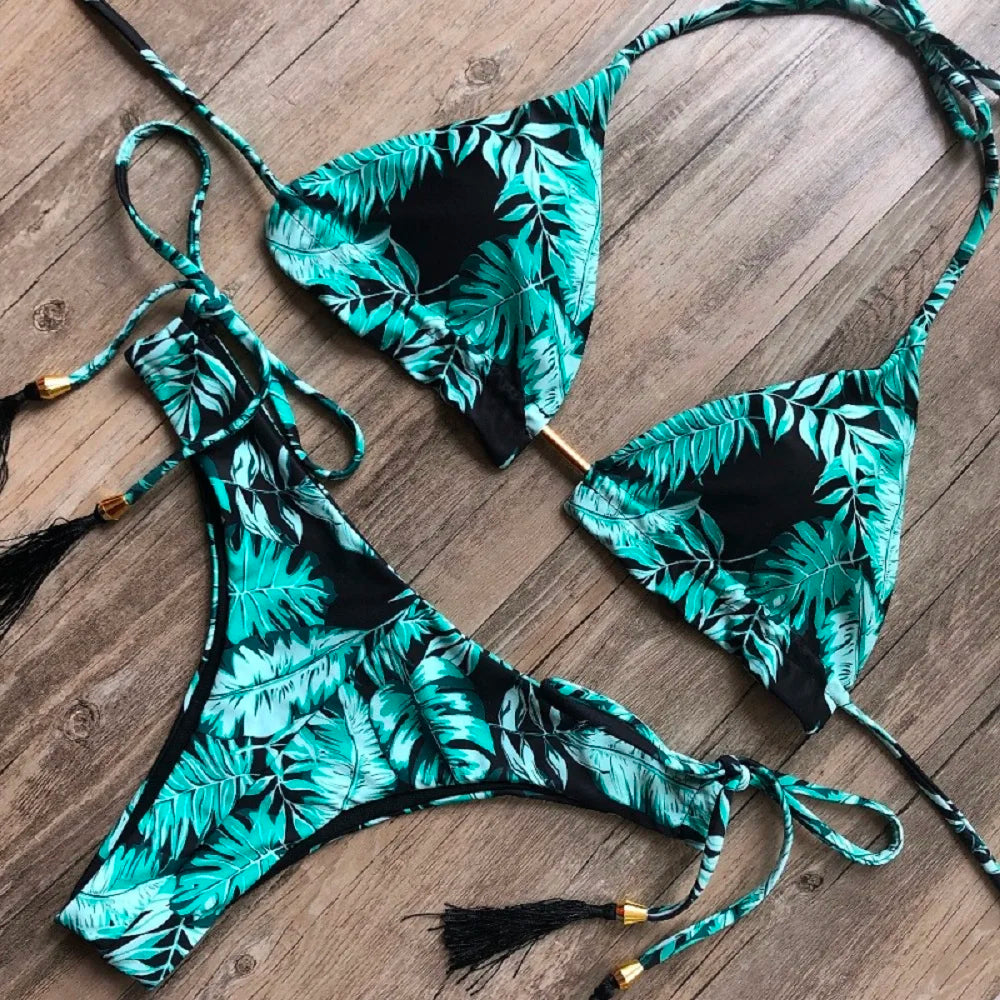 2019 Sexy Halter Swimsuit Women Thong Micro Bikini String Padded Swimwear Brazilian Bikini Bandage Tropical Plant Print Swimsuit