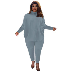 Knitted Plus Size Women 2 Piece Set Casual Solid Bat Sleeve Split Knit Top Trousers Ribbed Pit Strip Matching Fall Winter Outfit