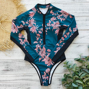 Print Floral One Piece Swimsuit Women Swimwear Monokini Long Sleeve Printed Female Bathing Suit Surfing Bodysuit Swim Wear Beach