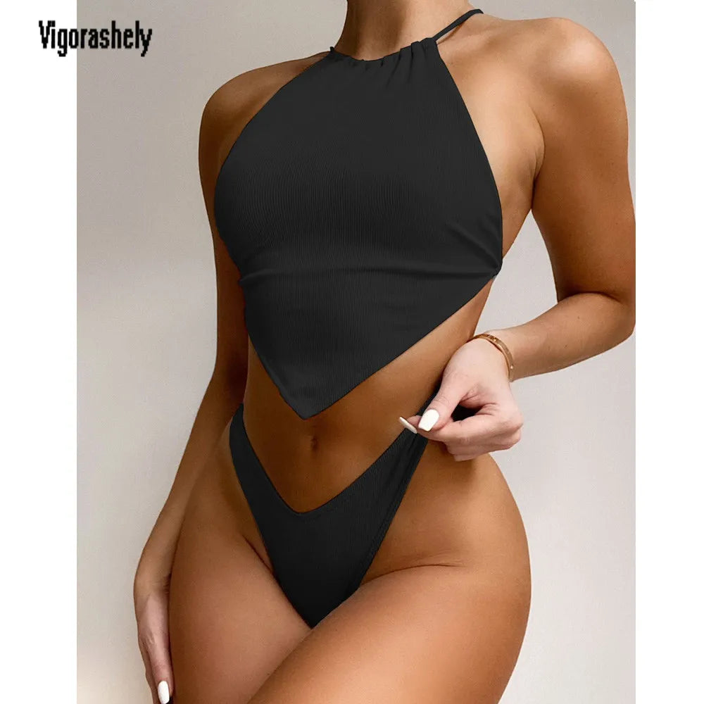 Vigorashely High Neck Cut Swimwear Women Sexy Thong Bikini 2024 Tied Top Swimsuit Female Brazilian Bikini Set Bathing Suit Swim