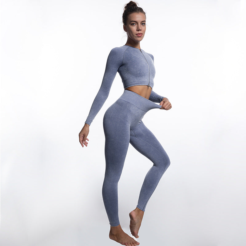 Autumn Winter Seamless Stone Washed Body Fitness Long Sleeve Zipper Sports Skinny Running Trousers Top Yoga Set