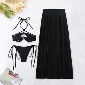 Pure Black Bikini Three Piece Set Split Swimsuit Long Skirt Bikini